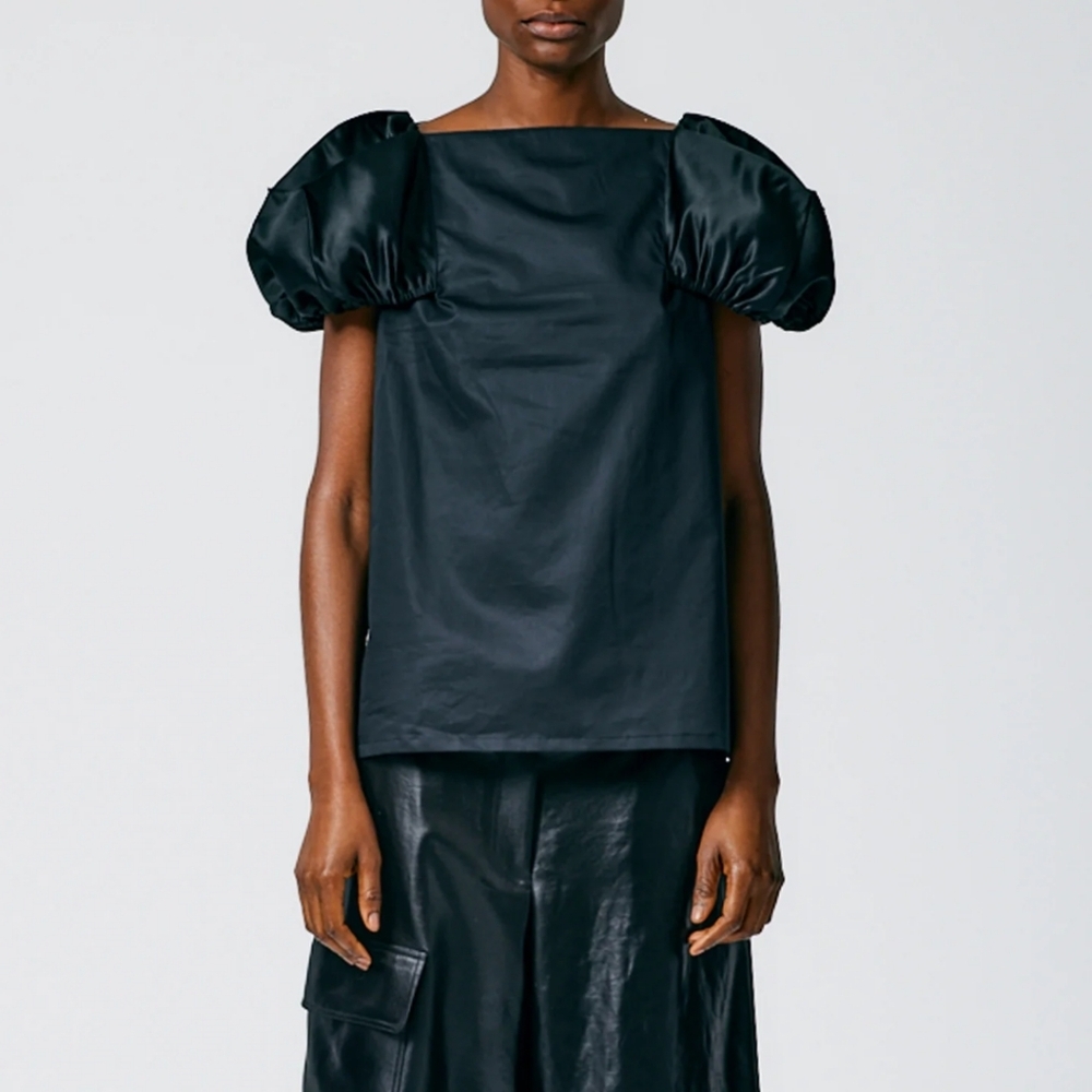 Tibi Black Cotton Sateen Box Sleeve Top Mixed Media Architectural Size 14